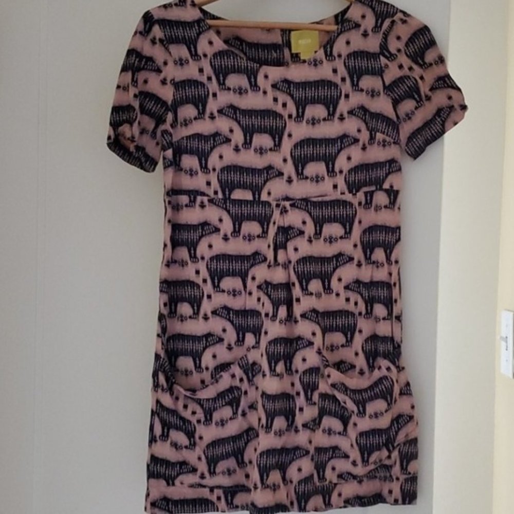 Anthropologie Maeve Light Pink & Navy Short Sleeve Shift Dress with Pockets - Picture 4 of 5